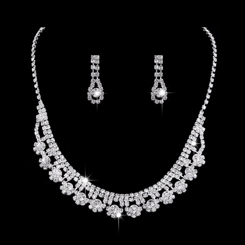 Brilliant Full Diamond Zircon Water Drop Necklace Eardrop Jewelry Set