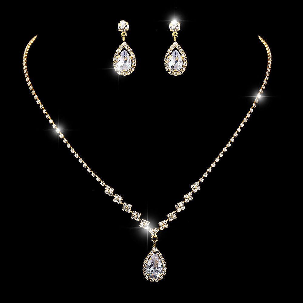 Brilliant Full Diamond Zircon Water Drop Necklace Eardrop Jewelry Set