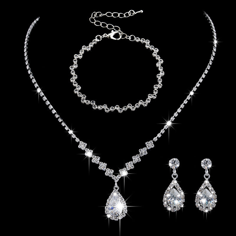 Brilliant Full Diamond Zircon Water Drop Necklace Eardrop Jewelry Set