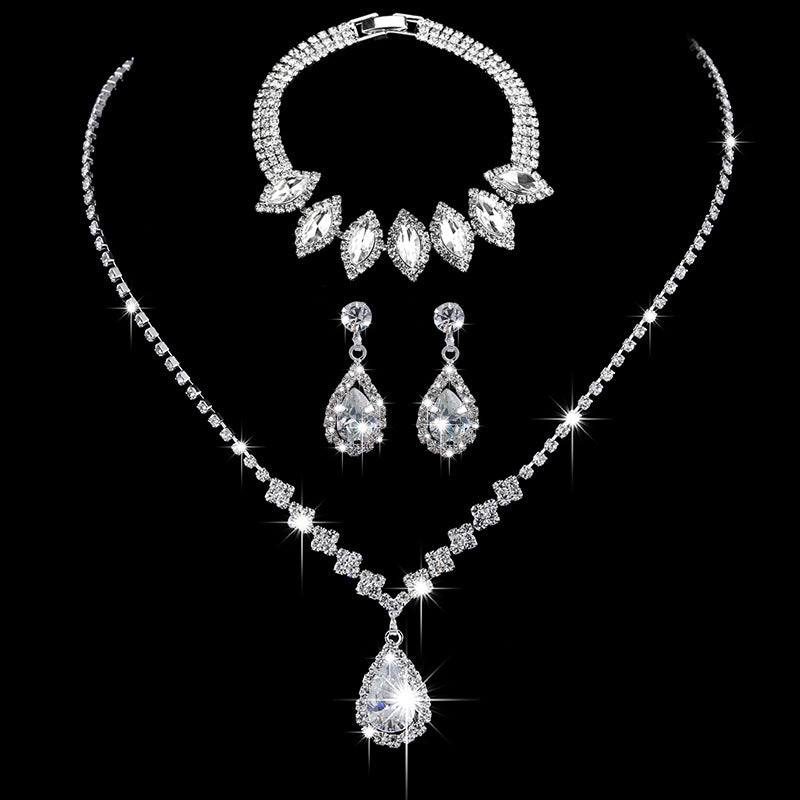 Brilliant Full Diamond Zircon Water Drop Necklace Eardrop Jewelry Set