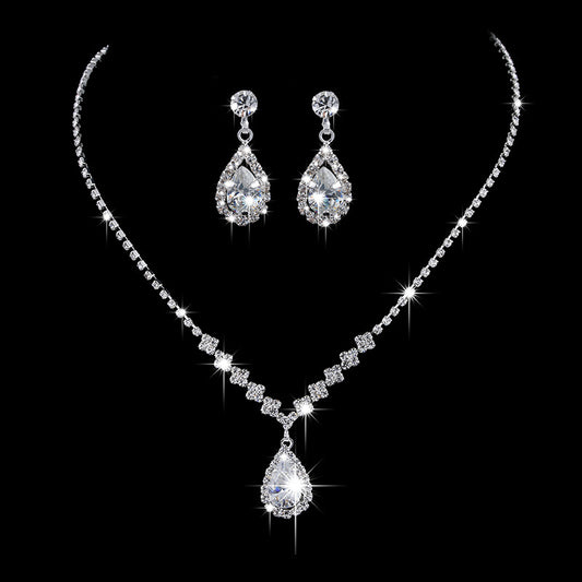 Brilliant Full Diamond Zircon Water Drop Necklace Eardrop Jewelry Set